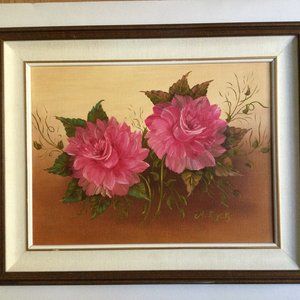Original painting of two pink flowers on canvas framed signed wall hanging